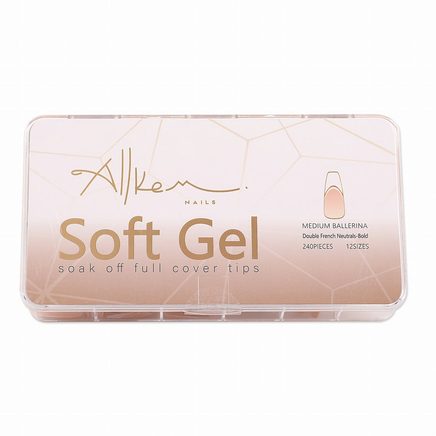 Allkem Soft Gel Nail Tips - Double French Medium Long Ballerina Neutrals - Bold | 240 Pcs 12 Sizes Long Full Cover Nails