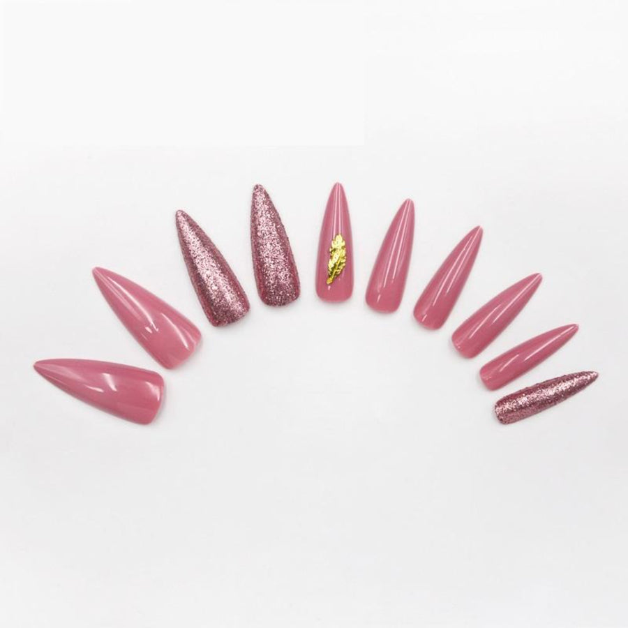 Rose Pink Glam Extra Long Sculpted Stiletto False Press on Nail Tips - AllKem Nails