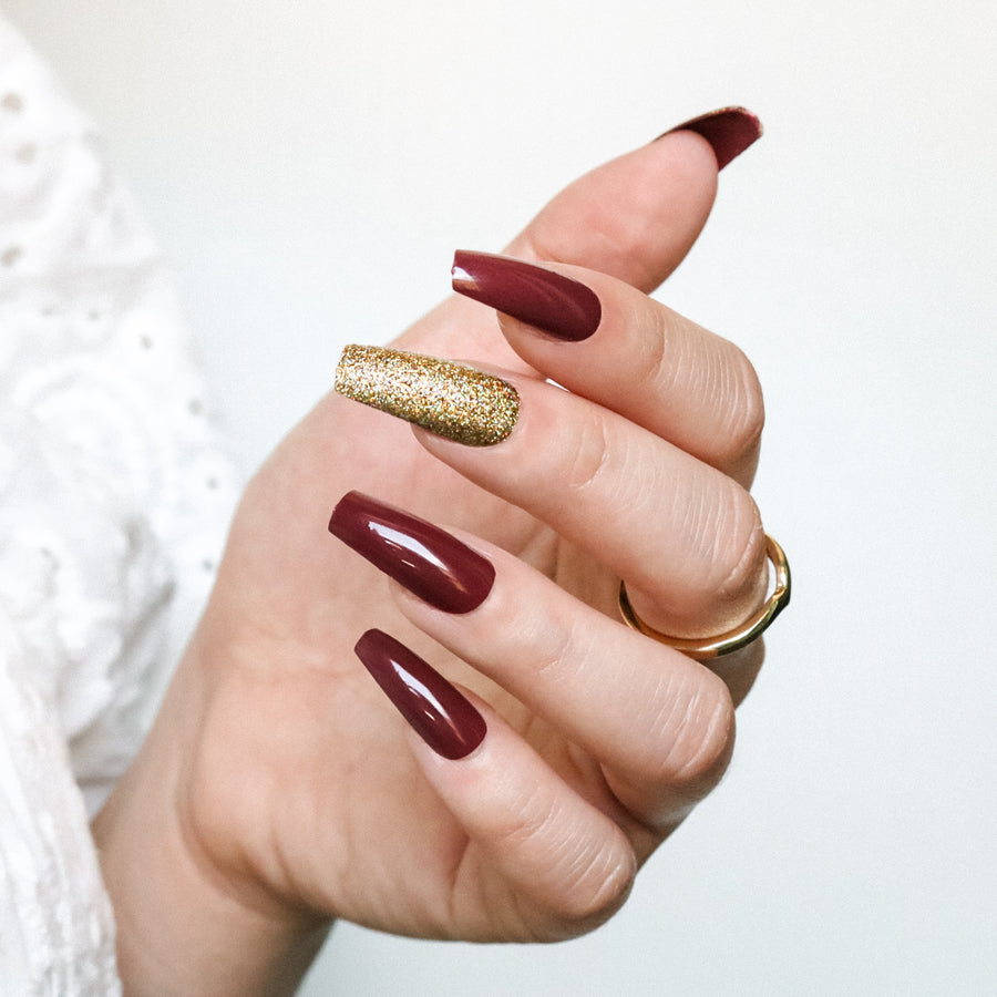 Burgundy and Gold Nails Press On 