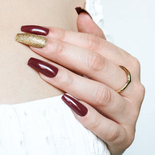 Maroon Gold Medium Long Coffin Press on Nails