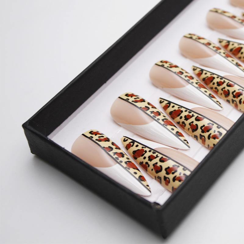 Leopard Print French Extra Long Stiletto False Press on Nails - AllKem Nails