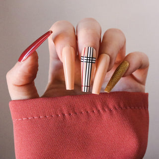 Nude Plaid Extra Long Ballerina False Press on Nails - AllKem Nails