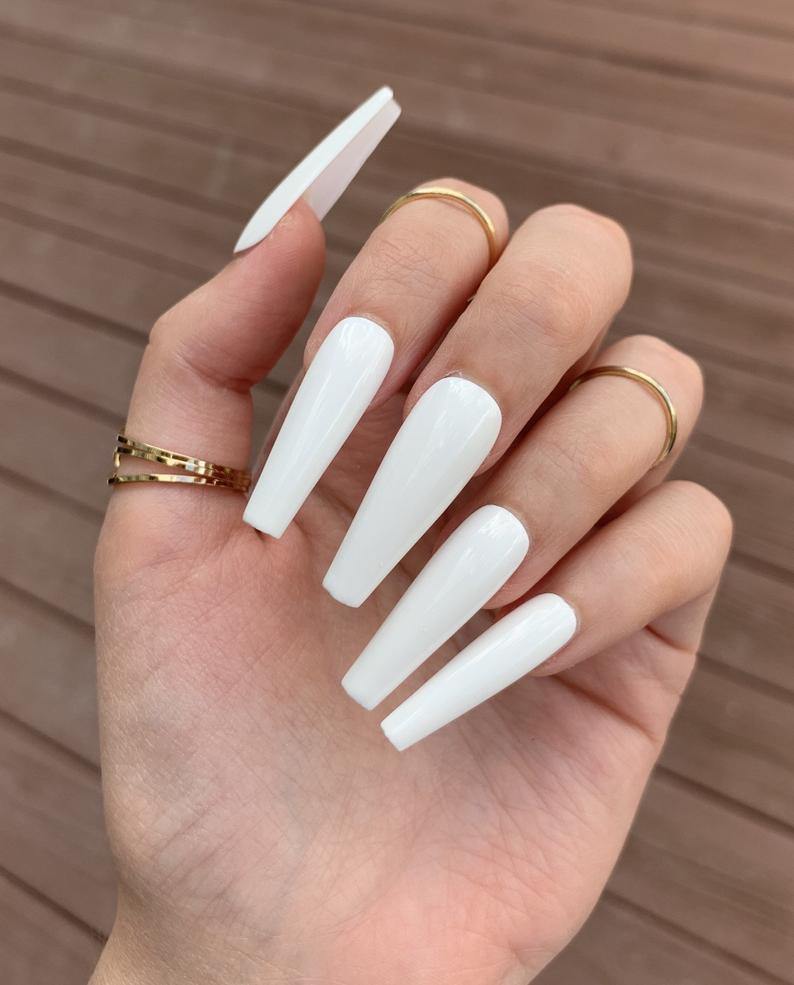 White Extra Long Coffin Nails - AllKem Nails