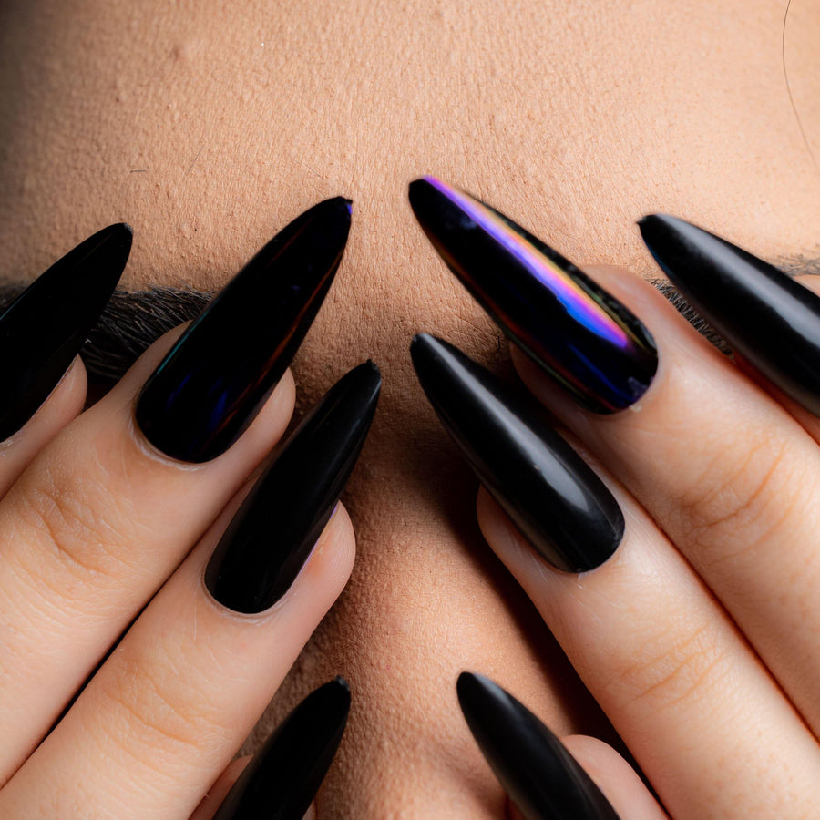 Black Fusion Purple Chrome Long Stiletto Press on Nails - AllKem Nails