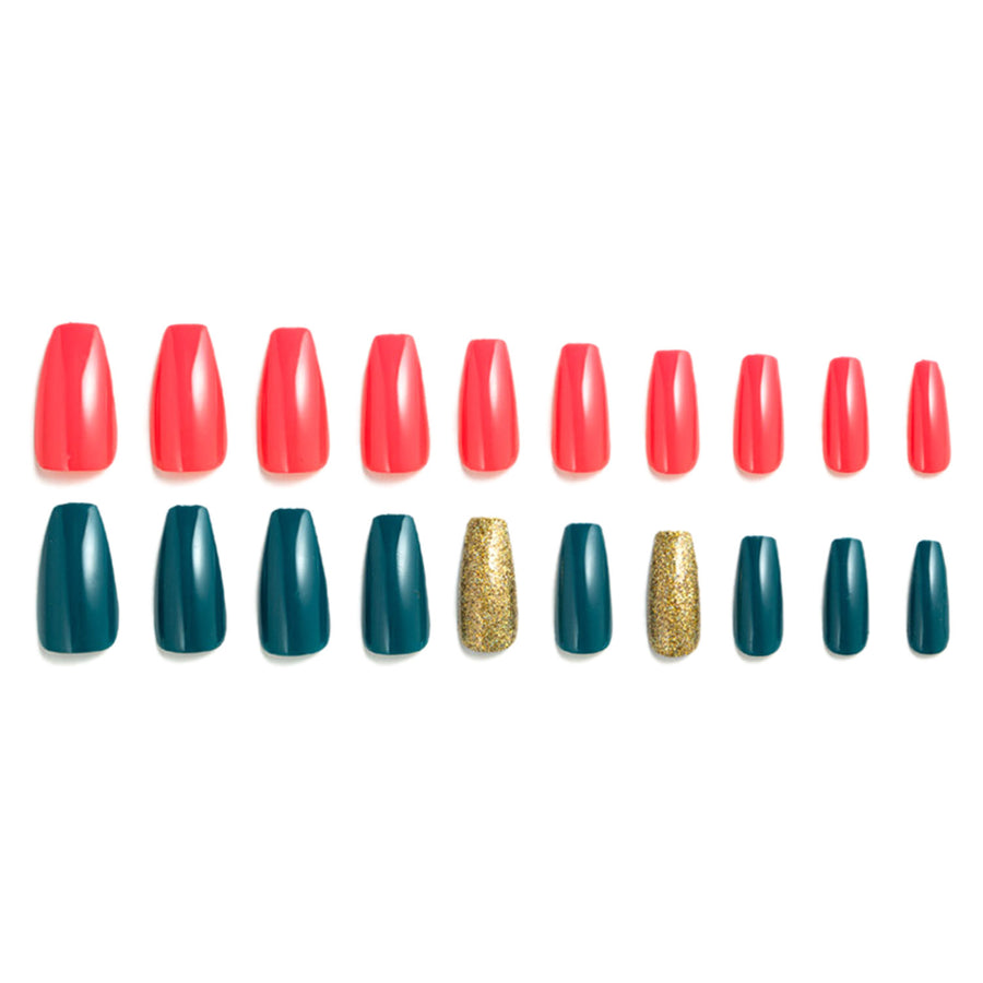 Glam Duo Teal Gold and Peach Short Coffin Press on Nails