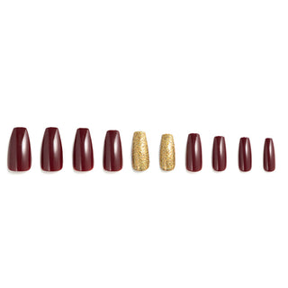Maroon Gold Medium Long Coffin Press On Nails
