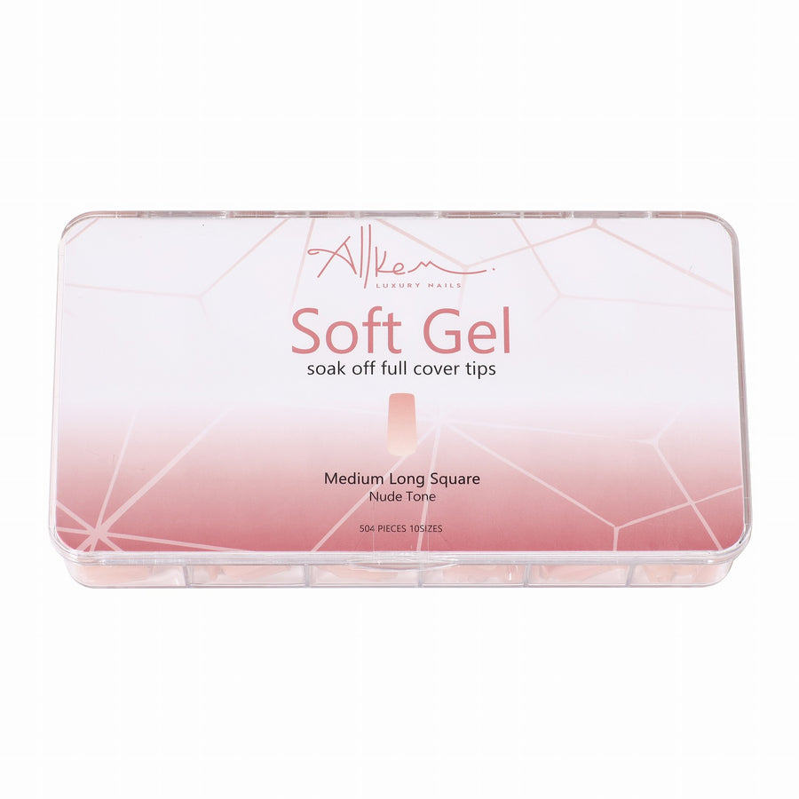 Allkem Medium Long Square 504 Pcs | Nude Tone Soft Gel Nail Tips| 12 Sizes Long Square Full Cover Nails