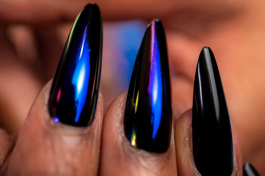 Black Fusion Purple Chrome Long Stiletto Press on Nails - AllKem Nails