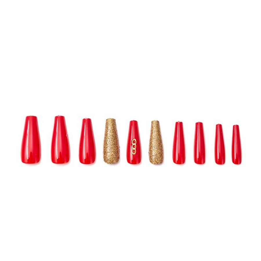 Gold Red Extra Long Ballerina False Press on Nails - AllKem Nails