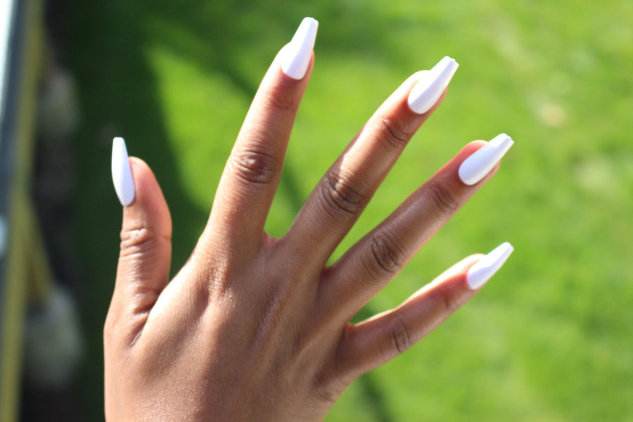 White Midi Coffin press on Nails - AllKem Nails