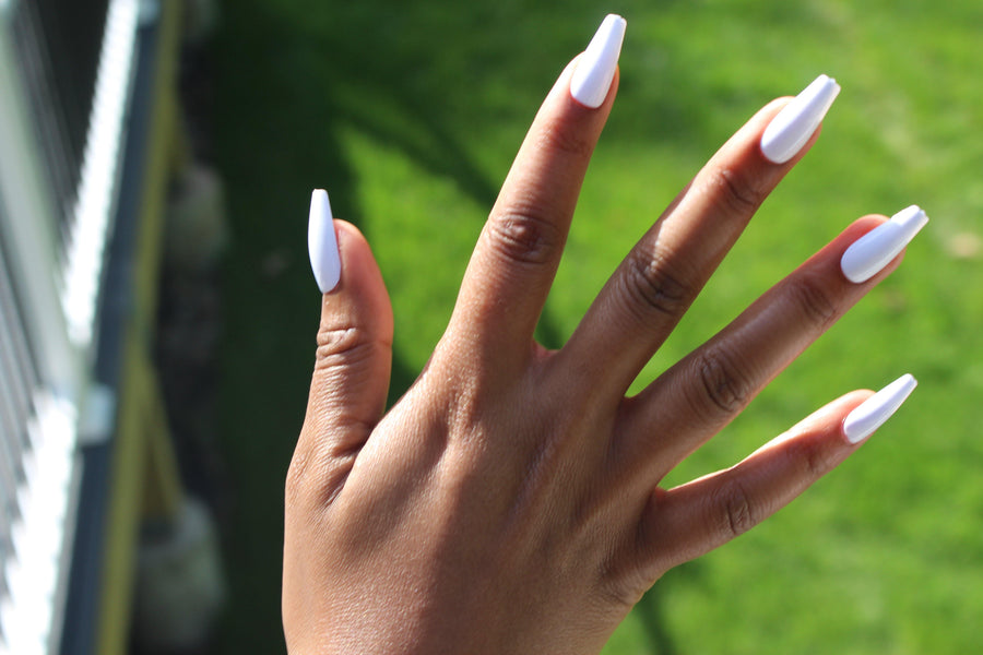 White Midi Coffin press on Nails - AllKem Nails